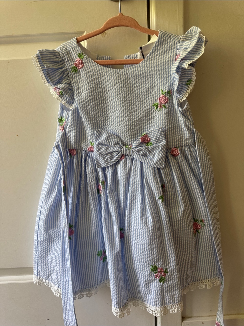 Rare Editions Light Blue Striped Seersucker Dress with Pink Rose Embroidery